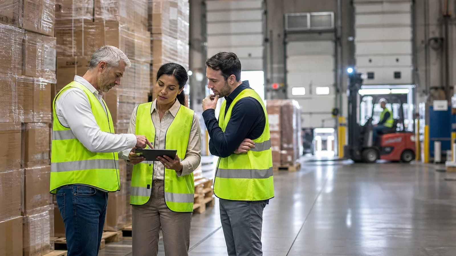 Illustrative visual representing logistics leaders reviewing warehouse performance
