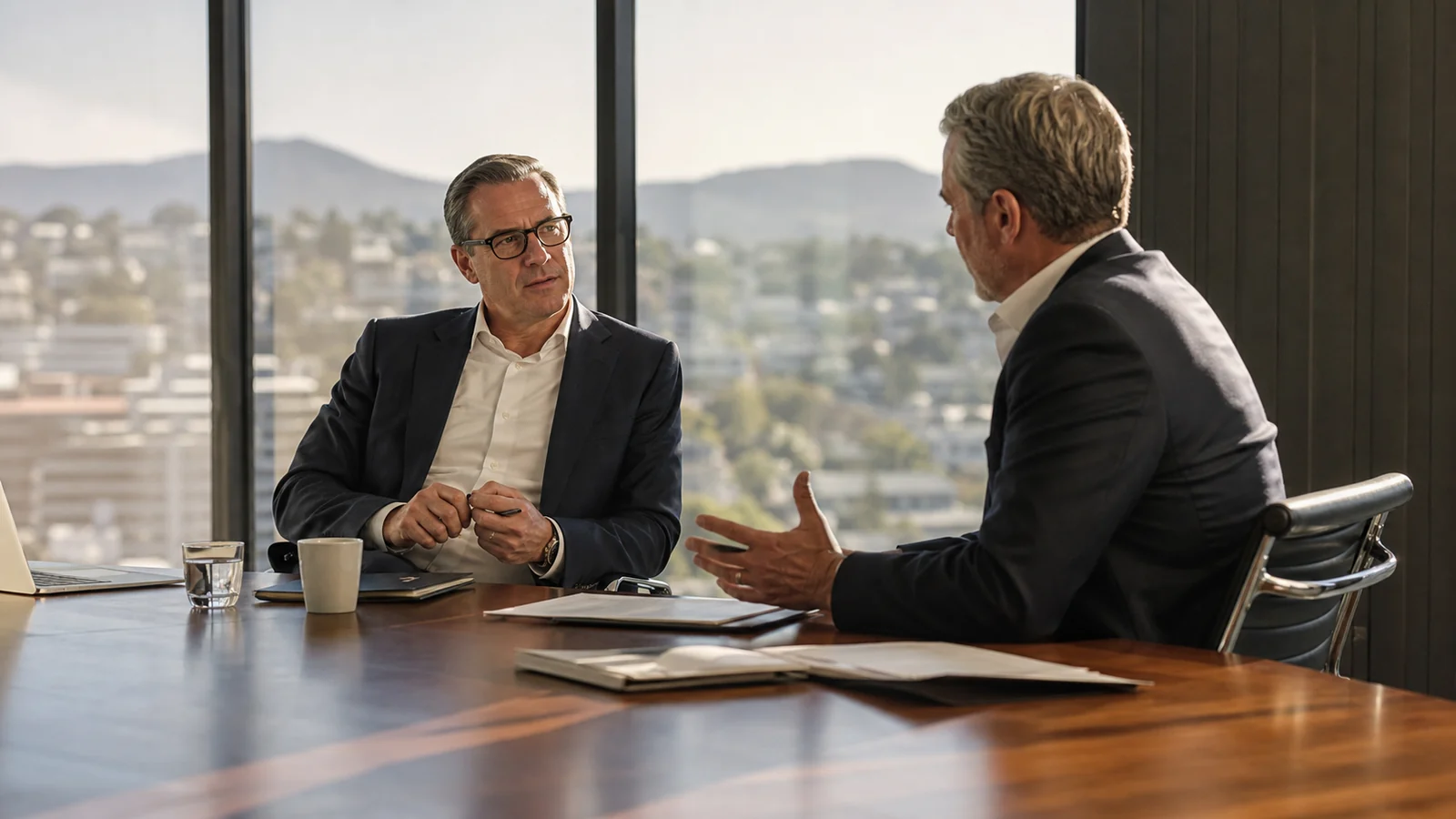 Illustrative visual representing a chief executive in a focused advisory conversation