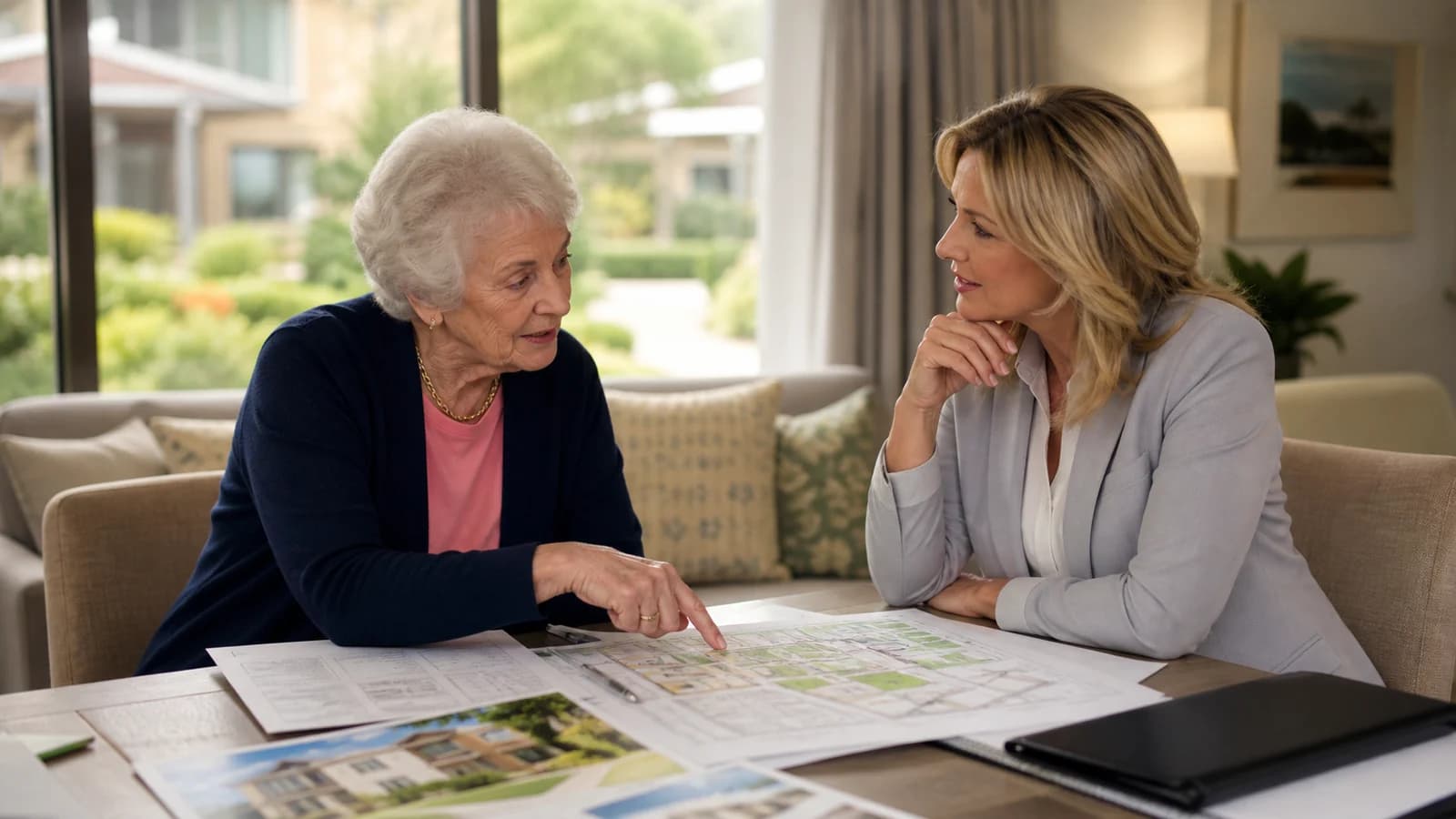 Illustrative visual representing a resident discussing retirement-village housing choices